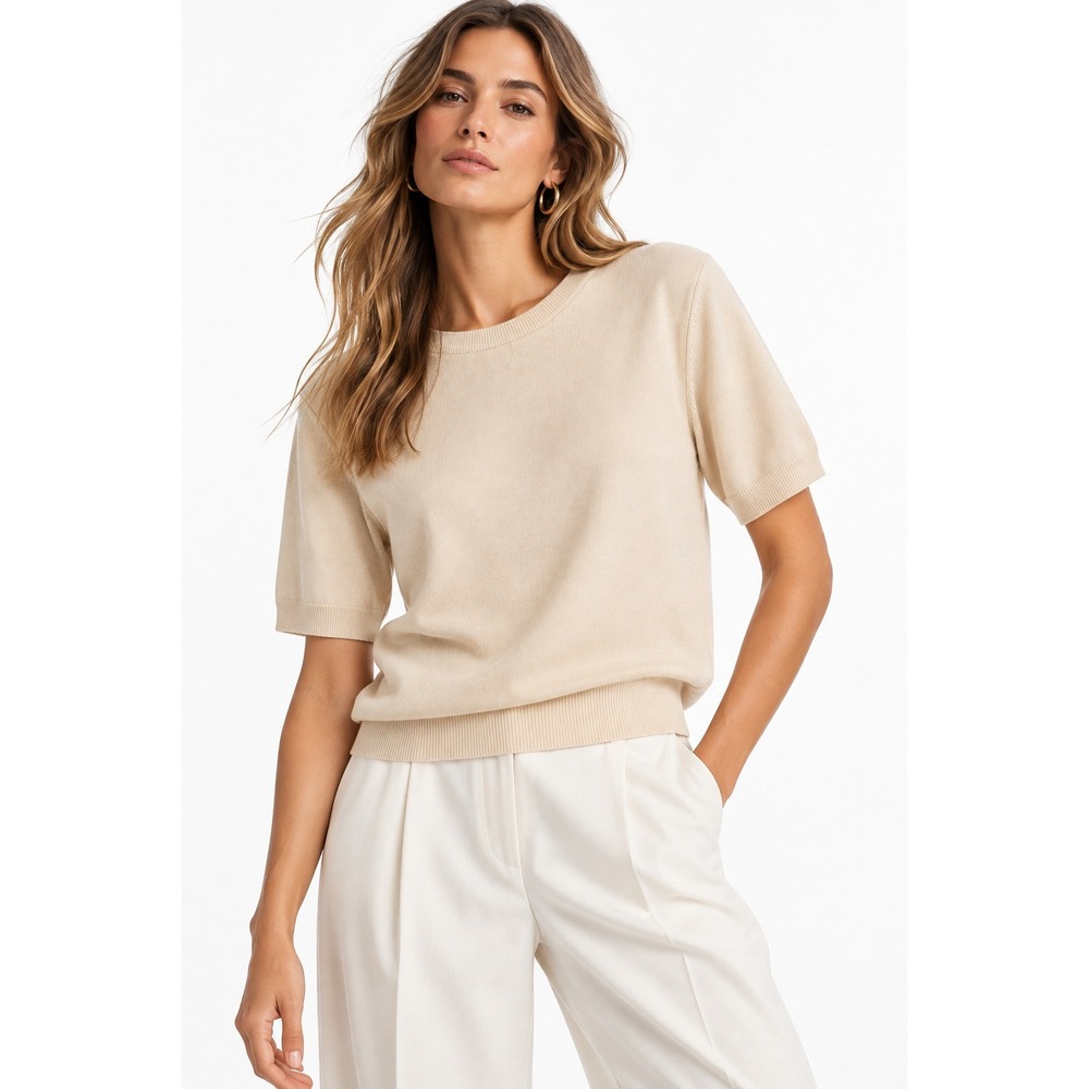 H&M Womens Short Sleeve Fine Knit Sweater Cream Beige Size L NWT